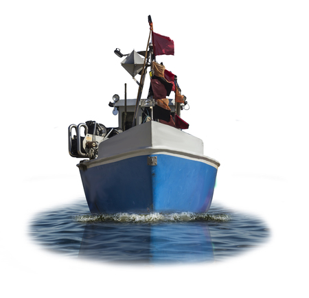Baltic Sea. The fishing boat with the blue plastic case and the white cabin. Isolated photo. Site about fishermen, shipbuilding, romance, industry.の写真素材