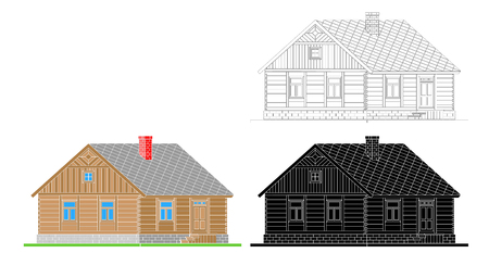 Rural house from processed logs. Angle connections with square logs. Vector illustration. White , black , color  silhouette.のイラスト素材