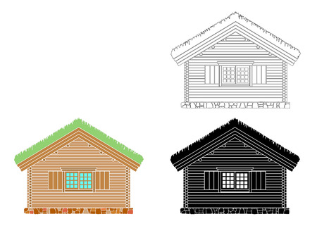 Norwegian traditional house of round logs . The roof is covered with greensward.  Vector illustration. Black,white and color silhouette.のイラスト素材