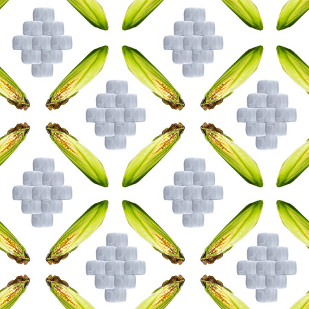 Raster cross seamless pattern. An ear of corn and a bales of silage on a white background. Site about agriculture, farm, livestock, graphics.の写真素材
