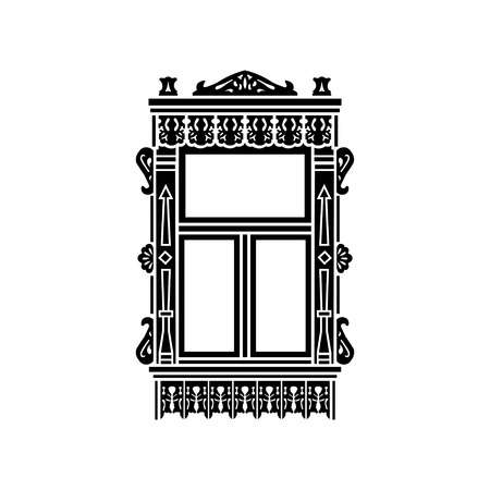 Detail of Russian traditional wooden house. Carved window platband. Vector illustration. Black  silhouette.のイラスト素材