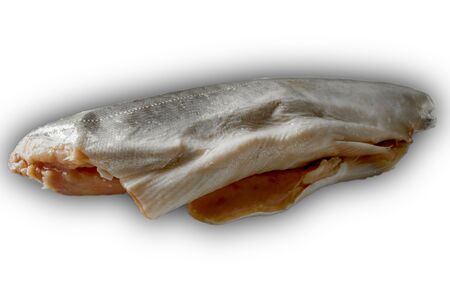 Cut carcass of salted pink salmon without a head and a tail fin. Isolated image on a white background. A site about cuisine,fish,nacks, fish?rman.の写真素材