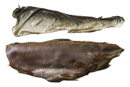 Skinless salted pink salmon and skin taken from the right side.View from above.Isolated image.A...