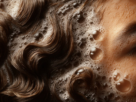 Curly brown hair with water drops close up. Hair care conceptの素材