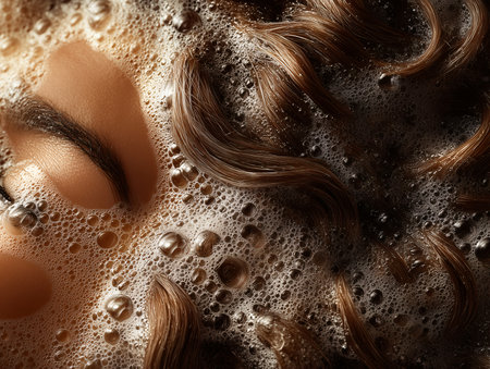 Close up portrait of a beautiful young woman with curly hair in soap sudsの素材