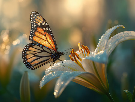 Monarch Butterfly on a lily flower in the morning light.の素材