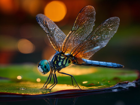 Blue dragonfly on a leaf in the dark, close-upの素材