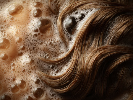 Washing hair with shampoo foam, closeup. Hair care conceptの素材