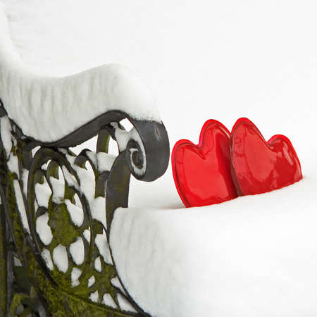 Two red hearts in snow on a garden bankの写真素材