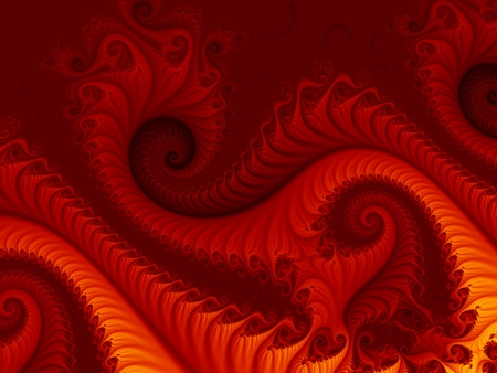 Fiery red abstract fractal background with swirling patterns, resembling a fire dragon or lava from a volcano. For decorative prints e.g. on mugs, book covers, textiles, banners, skins, leaflets.の写真素材