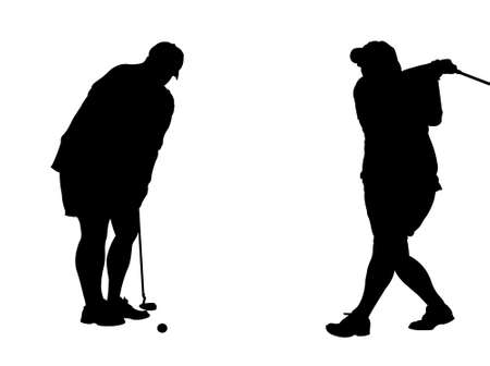 Two silhouettes of a woman golfer swinging and putting.の写真素材