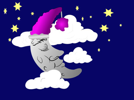 Cresent moon taking a nap with night sky,clouds and starsのイラスト素材
