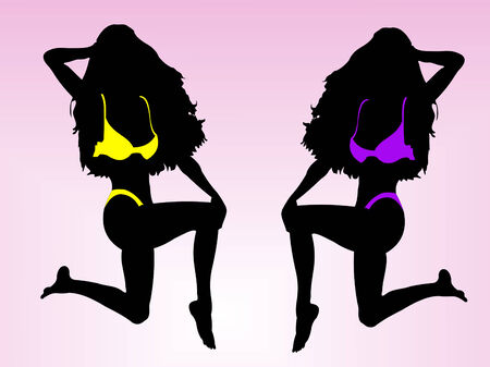 Two women silhouettes in pose with colored bikinis.のイラスト素材