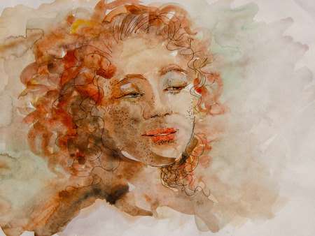 Beautiful tender sensual girl mulatto looks into the distance through the eyelashes. Portrait of a cute girl who looks to the side through her open eyes. A woman dreams, enjoys, enjoys life.の写真素材