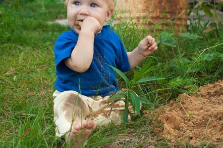 Little toddler boy exploring a pile of sand. The child touches the sand, crawls through the sand, squeezes the sand into a fist, tastes the sand to taste. The boy is studying the natural material that interests him.の写真素材