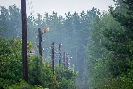 The tops of a row of tarred old simple electric poles with sagging wires along a village street...