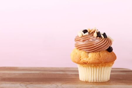 vanilla cupcake with icing and pink backgroundの写真素材