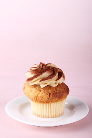 cupcake with swirl icing and pink backgroundの写真素材
