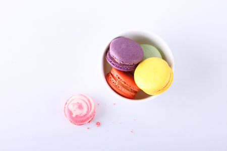 tasty colorful macarons on white backgroundの写真素材