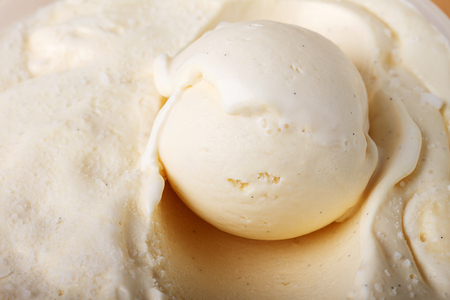 homemade creamy vanilla ice cream scoop in a white cup containerの写真素材