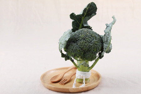 fresh green broccoli tied with white rope in wooden round dishの写真素材