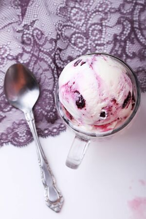 blueberry yogurt ice cream in vintage cupの写真素材