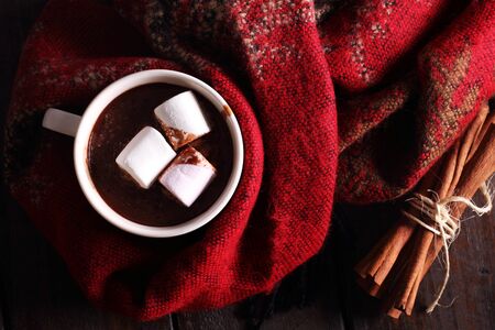 hot chocolate in cup with rad scarf and marshmallowsの写真素材