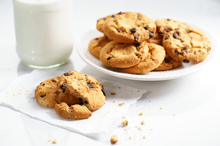 chocolate chip cookies with milkの写真素材