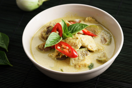 Thai chicken green curry, creamy soup, with eggplantの写真素材