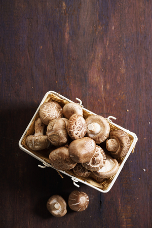 brown mushroom in wooden basket on dark backgroundの写真素材