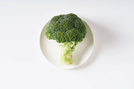 fresh green broccoli on white dishの写真素材