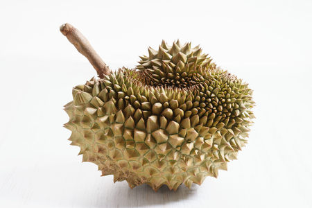 durian, tropical fruit with thorn, on white wooden backgroundの写真素材