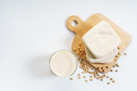 soy products with soy beans, soymilk and tofuの写真素材