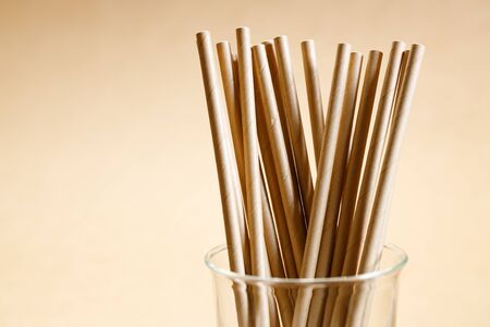 Brown paper straws in glass, Sustainable lifestyle conceptの写真素材