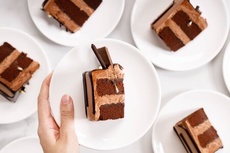 Pieces of layered dark chocolate cake on white plate, top viewの写真素材