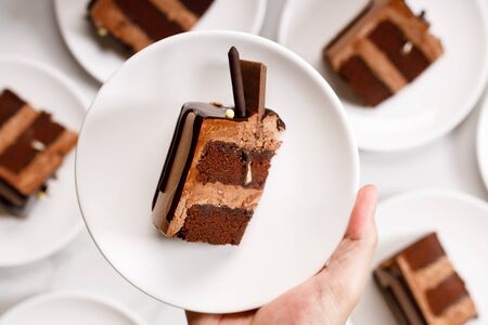 Pieces of layered dark chocolate cake on white plate, top view