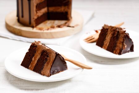 Pieces of layered dark chocolate cake on white plateの写真素材