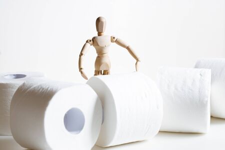 paper tissue rolls with wooden model on white background, stock up goods concept