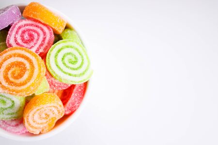 colorful jelly sugar candies on white background, top viewの写真素材