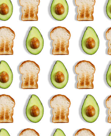 Avocado and toast bread pattern on white background. Green avocadoes and toast bread, minimal flat lay style. seamless pattern.の写真素材