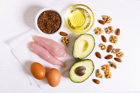 Healthy food ingredient for high good fat, top view on white table background.の写真素材