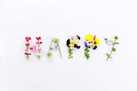 Word "HAPPY" made of flowers and leaves on white background. Spring concept. Top view.の写真素材