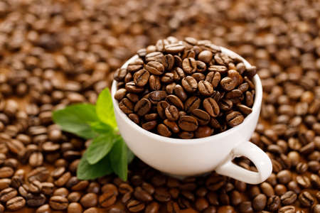 coffee beans roasted in a coffee cup on coffee beans background, closeupの写真素材