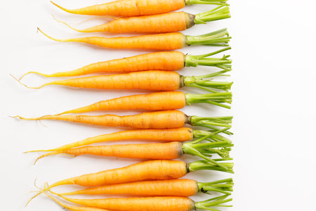 Fresh baby carrots line up on white background.の写真素材
