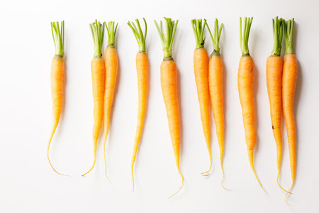 Fresh baby carrots line up on white background.の写真素材