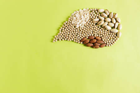 Various plant based milk on green background. Healthy vegan alternative substitute milk.の写真素材