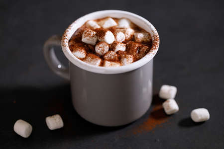 Hot chocolate in a cup with tiny marshmallow on dark background.の写真素材