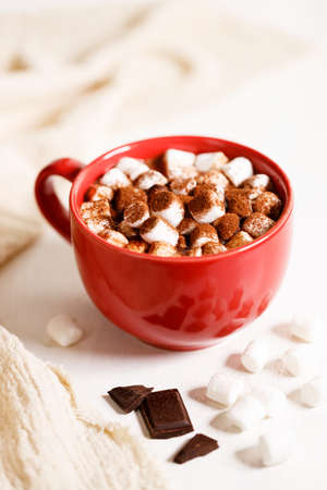 Hot chocolate in red cup with tiny marshmallow and chocolate pieces on wooden table background.の写真素材