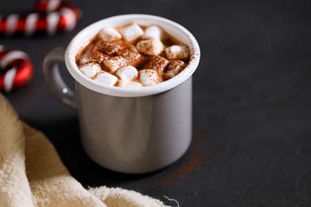 Hot chocolate in a cup with tiny marshmallow on dark background.の写真素材