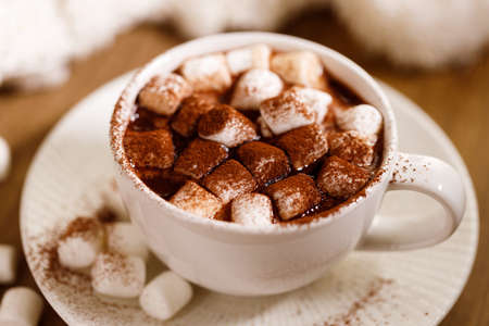 Hot chocolate in white cup with tiny marshmallow and chocolate powder on wooden table background.の写真素材